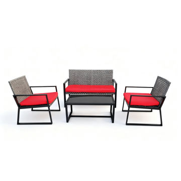 Black Patio Conversation Set with Red Cushions Included 4PC