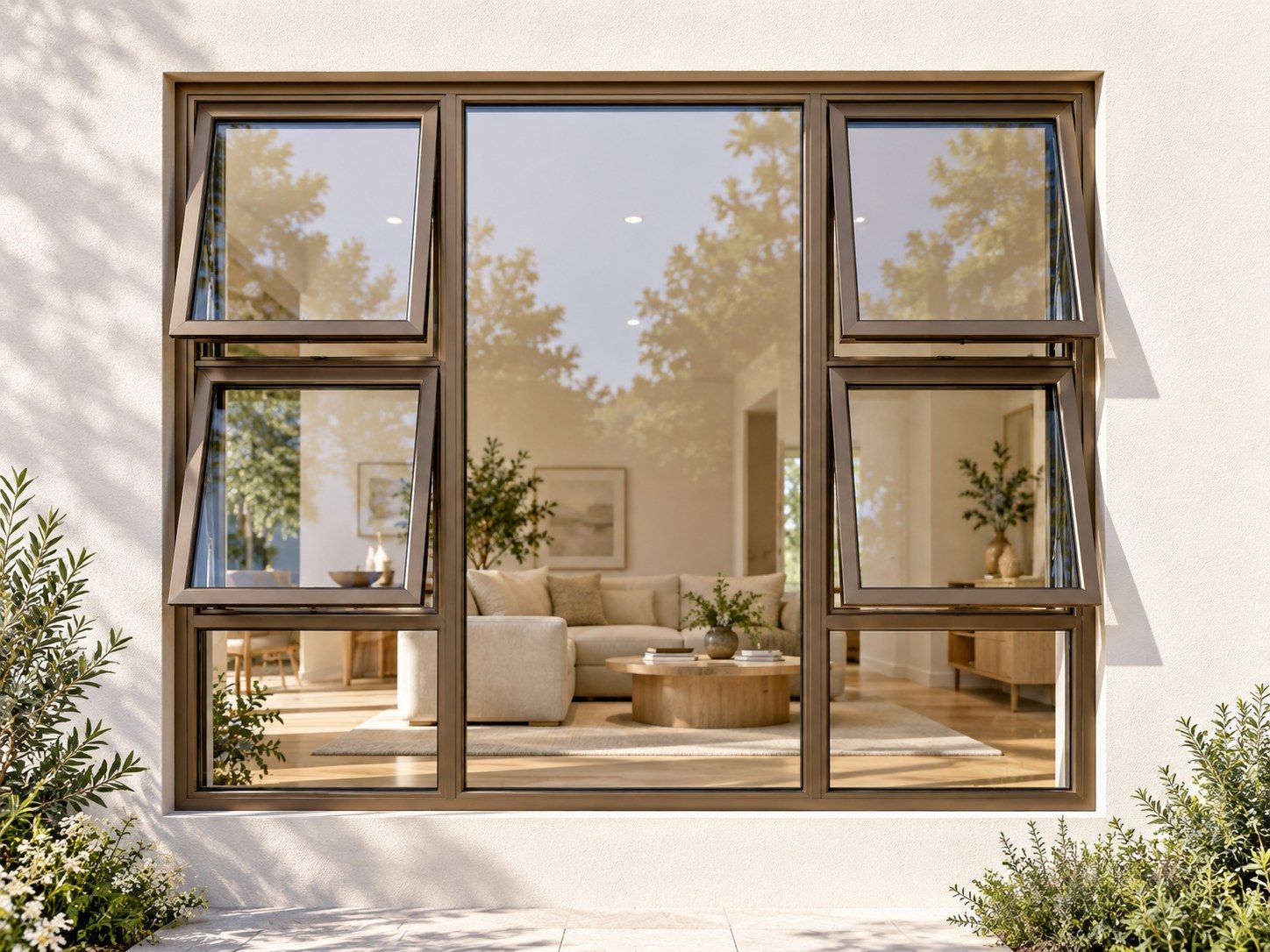Kenzo Premium Top-Hung Aluminium Window - Bronze, 1500 1500 mm, Four Openers with Fixed Centre and Lower Panes, Clear Glass