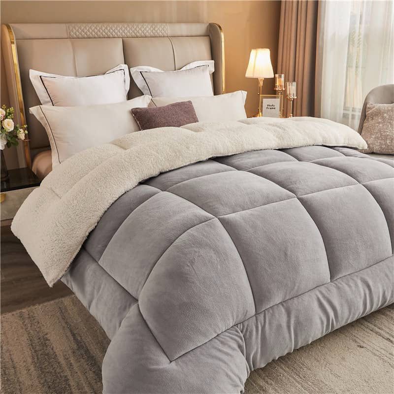 Velvet Sherpa Comforters - 5 Piece - Queen - Light Grey
