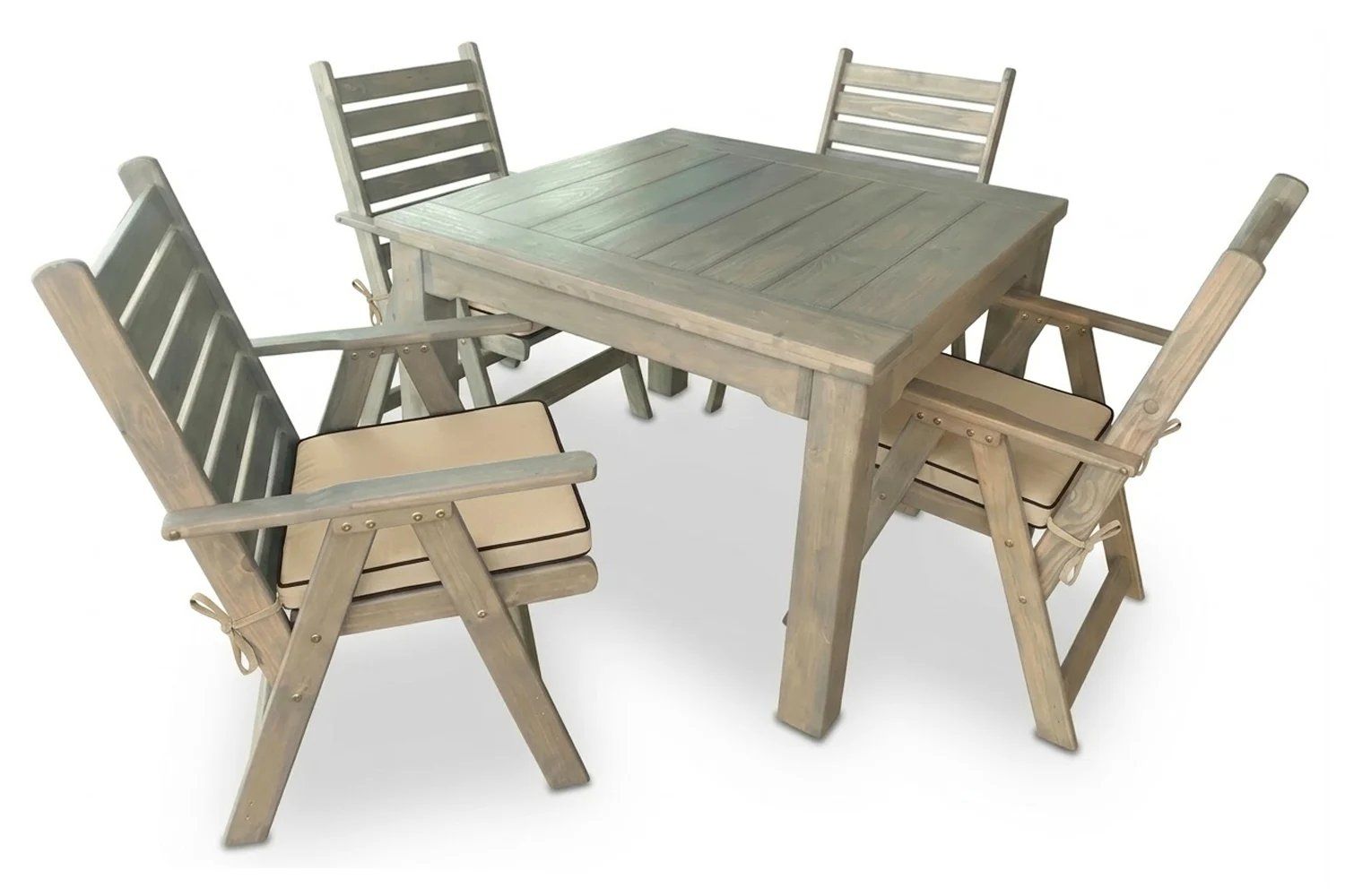 Aged Pine Patio Dining Set 4-Seater 1100mm x1 Table x4 Highback Chairs Beige Seat Cushions (Undercover Only)