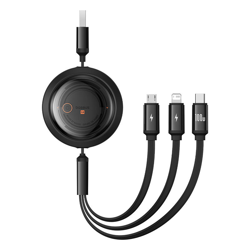 Baseus Free2Draw Retractable Crystal Cable USB to M+L+C 100W 1.1m - Cluster Black