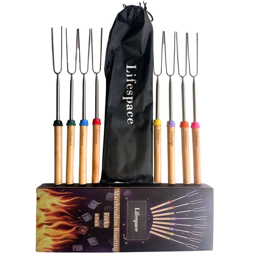 Lifespace Marshmallow Telescopic Roasting Forks (8Pce) with Wooden Handle