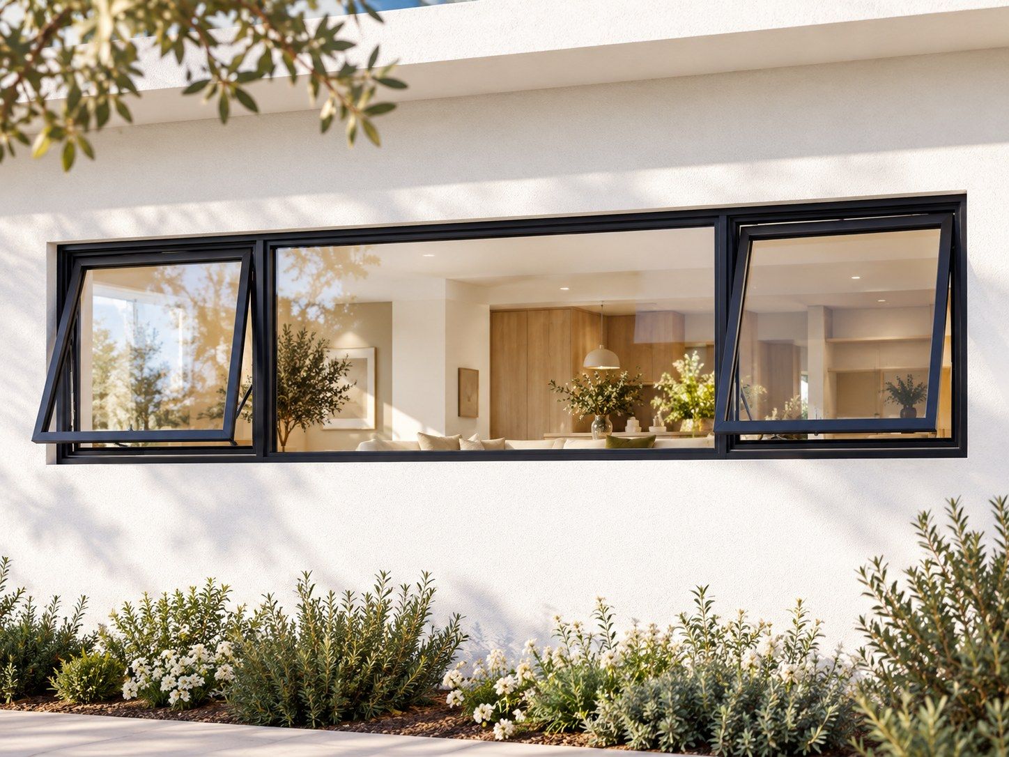 Kenzo Premium Top-Hung Aluminium Window - Black, 2400 400 mm, Two Outer Openers with Fixed Centre, Clear Glass