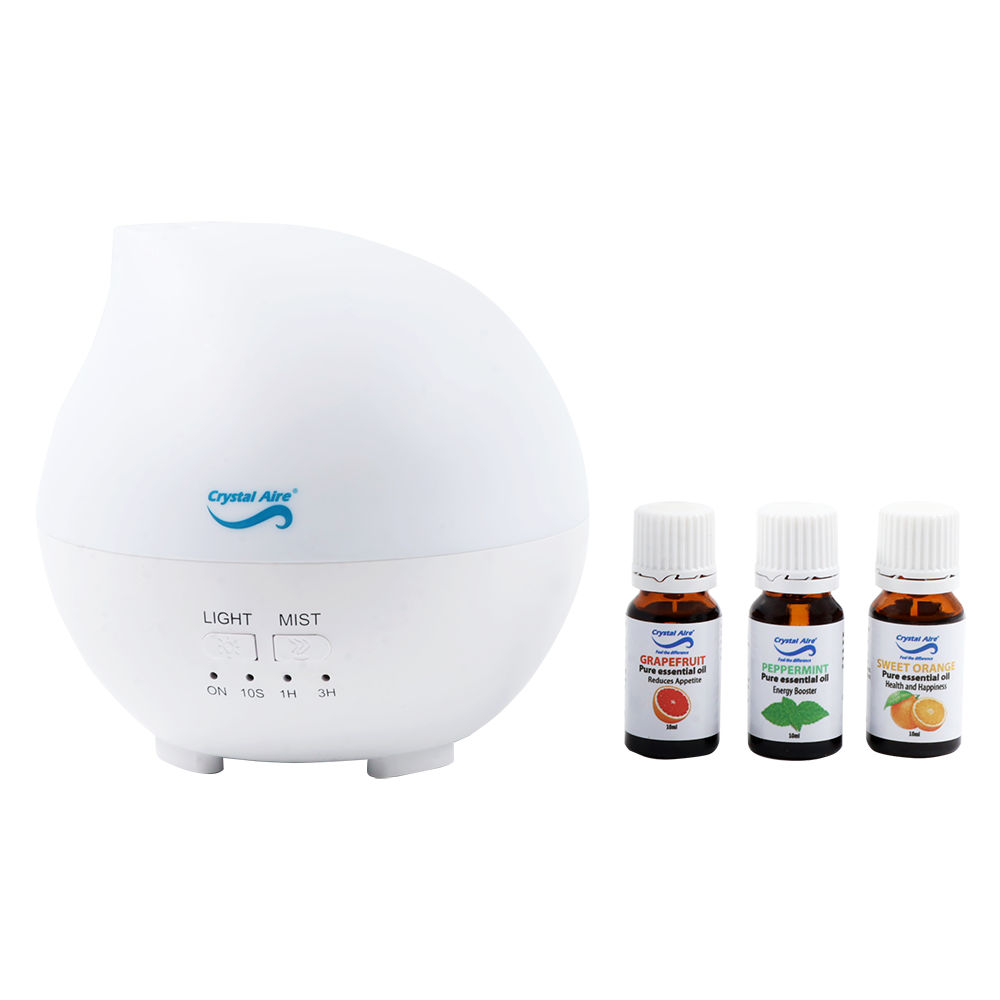 Crystal Aire Aroma Raindrop Diffuser with Night Light and 3 Essential Oils Pack (Sweet Orange, Grapefruit & Peppermint)