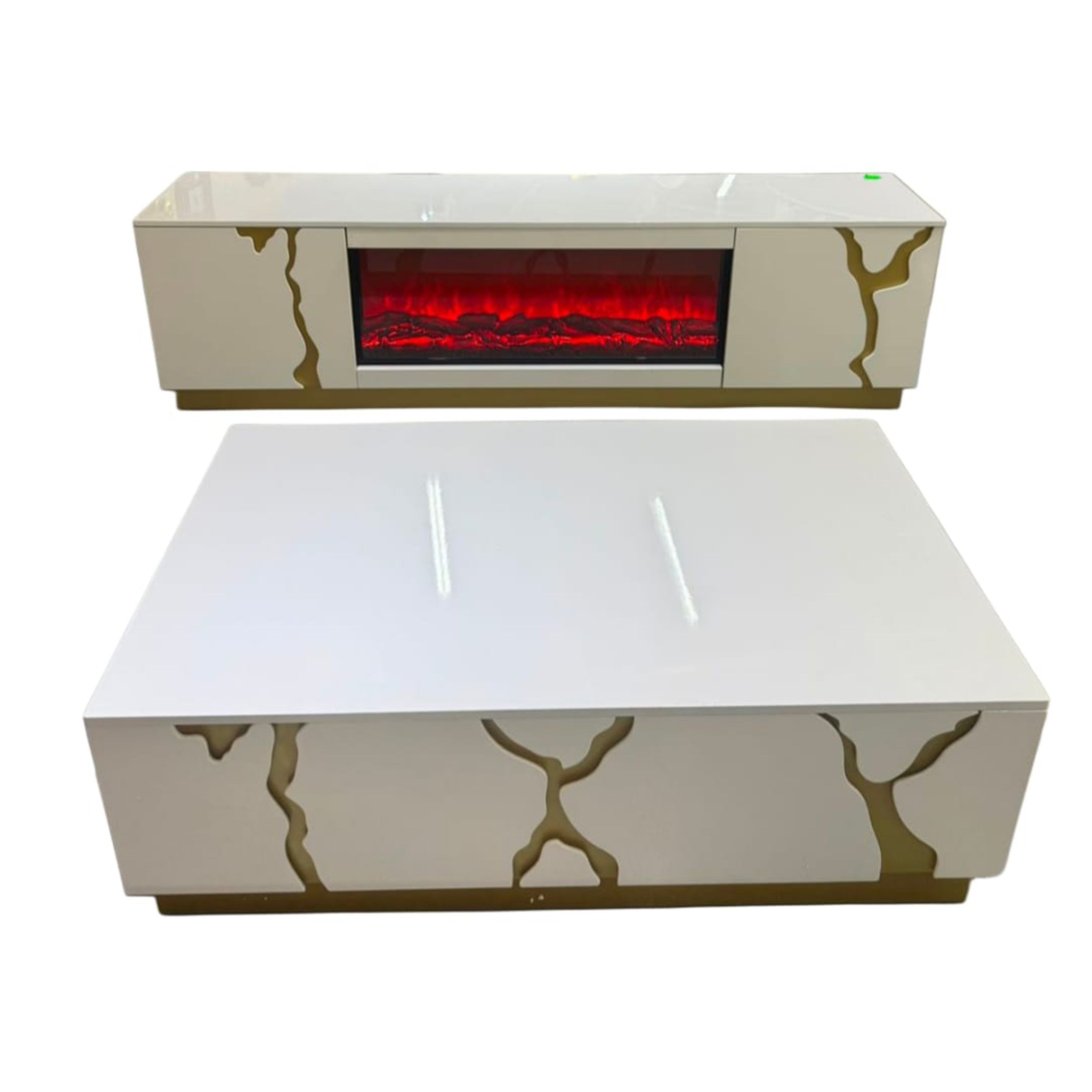White Electric Fireplace TV Console with Gold Accents and Matching Center Table Set