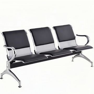 Steel Bench Chrome Upholstered 3 Seater Office Visitor Chair Waiting Area Reception Chairs - Black
