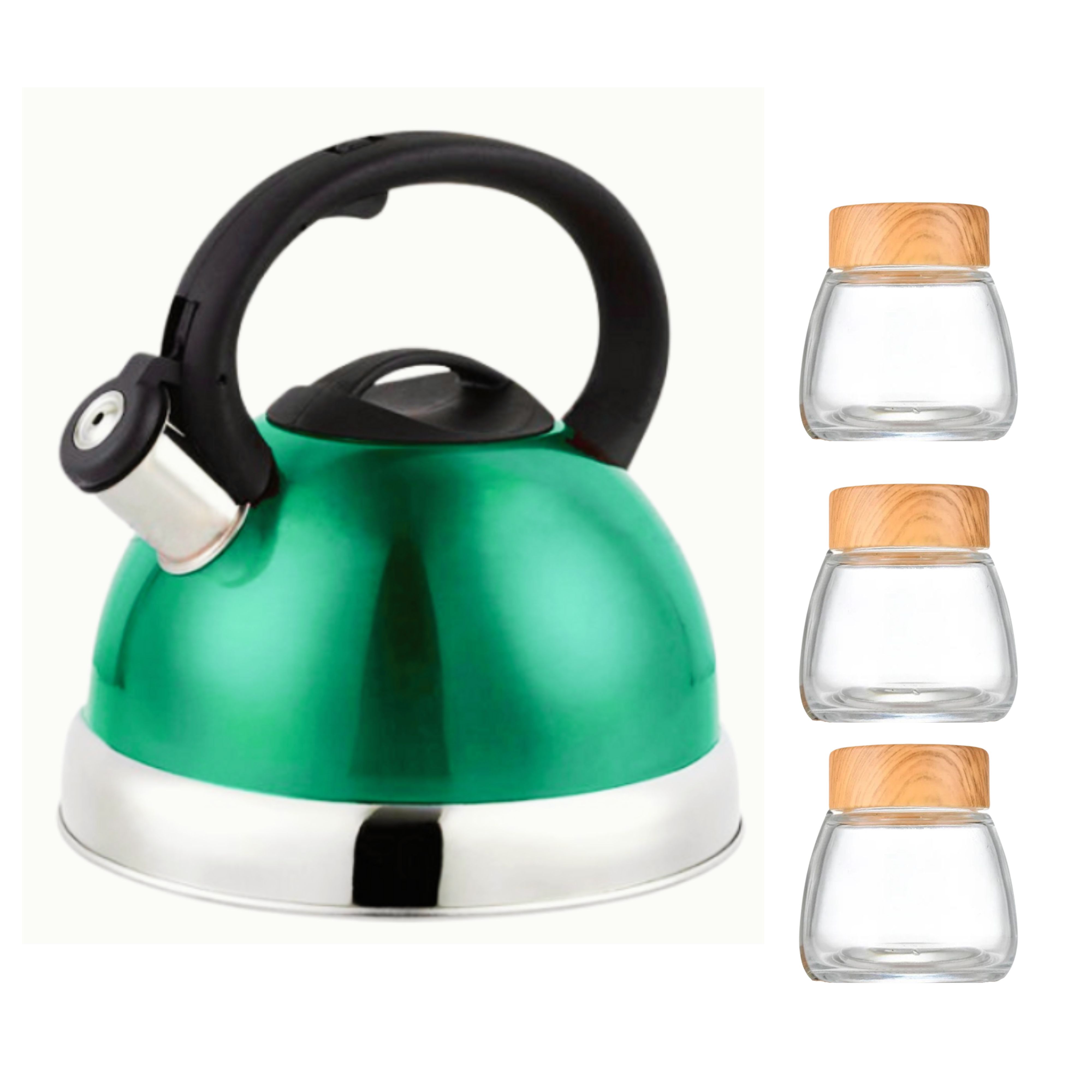 Ecco Stainless Steel Stove Top Whistling Kettle and 3 Glass Jar Combo - Green