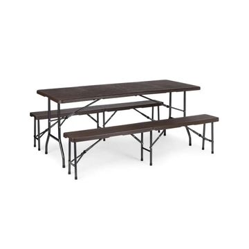 6-Person Folding Outdoor Dining Set – Wood-Effect Table and Benches with Steel Frame