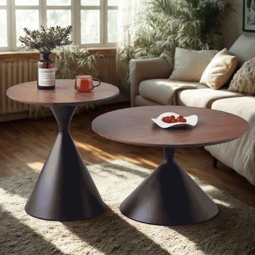 Muett 2-Piece Round Nesting Coffee & Side Table Set – Dark Walnut Top Accent Tables with Matte Black Pedestal Base