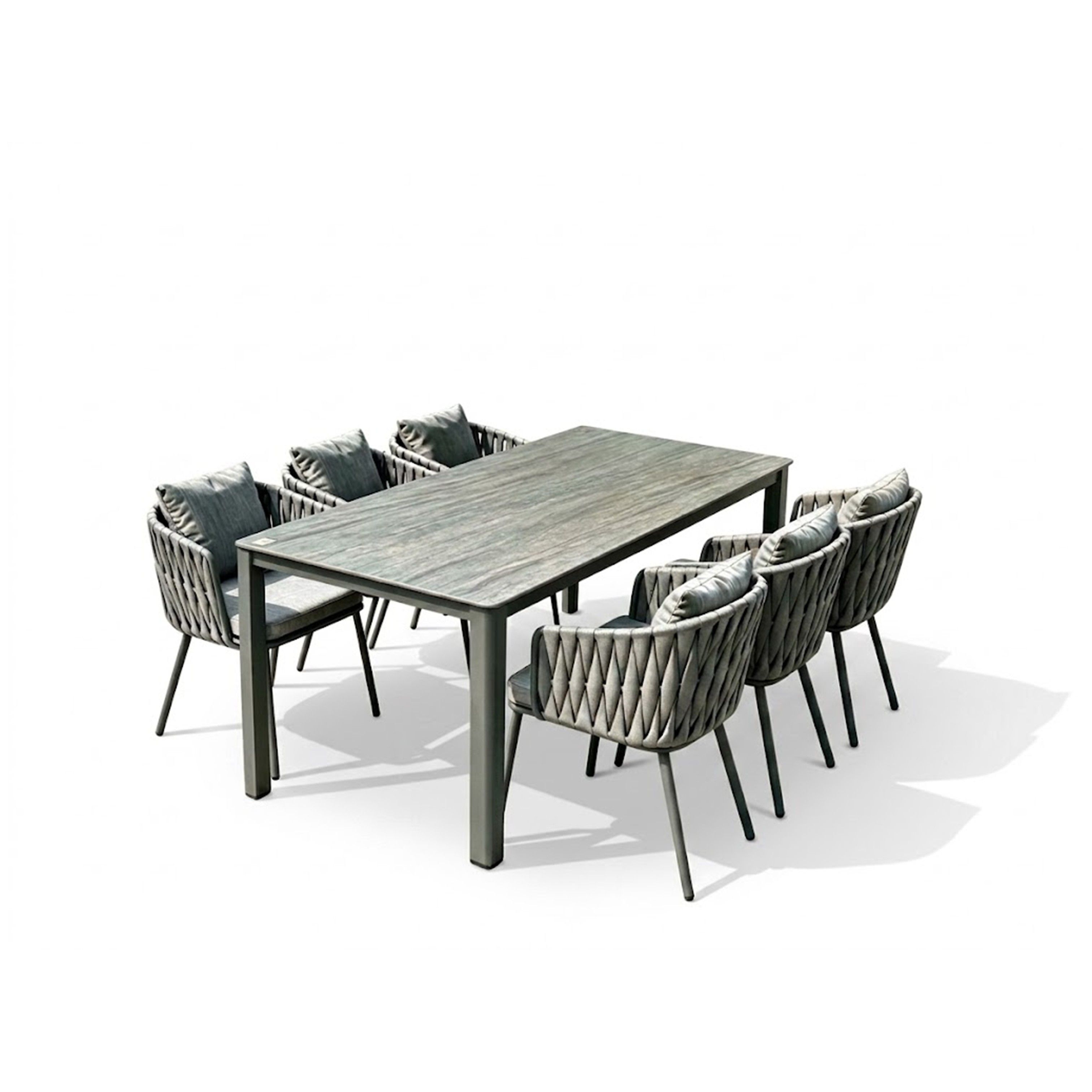 Madiega Furniture - 7-Piece Modern Outdoor Rope Woven Dining Set with Ceramic-Top Table