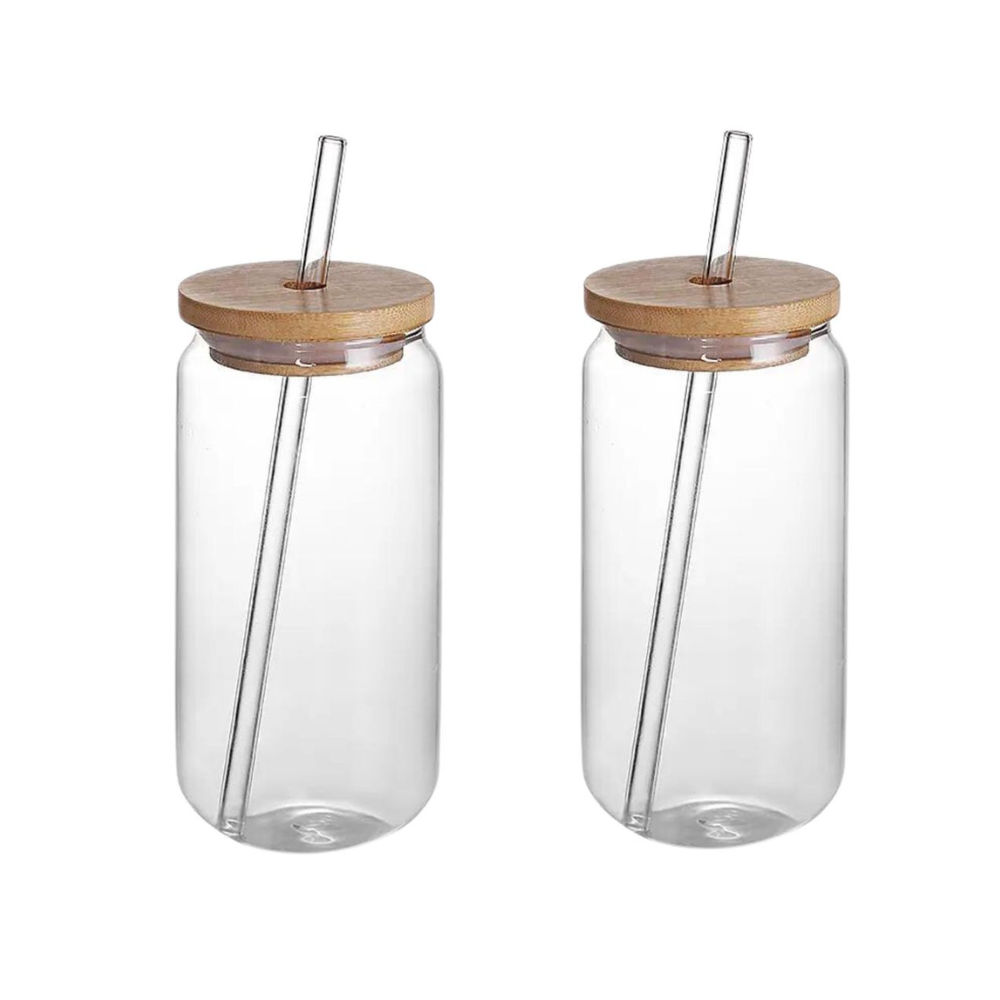 Drinking Glasses with Bamboo Lids and Glass Straw - 2Piece
