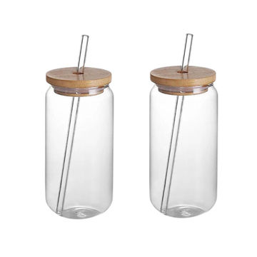 Drinking Glasses with Bamboo Lids and Glass Straw - 2Piece