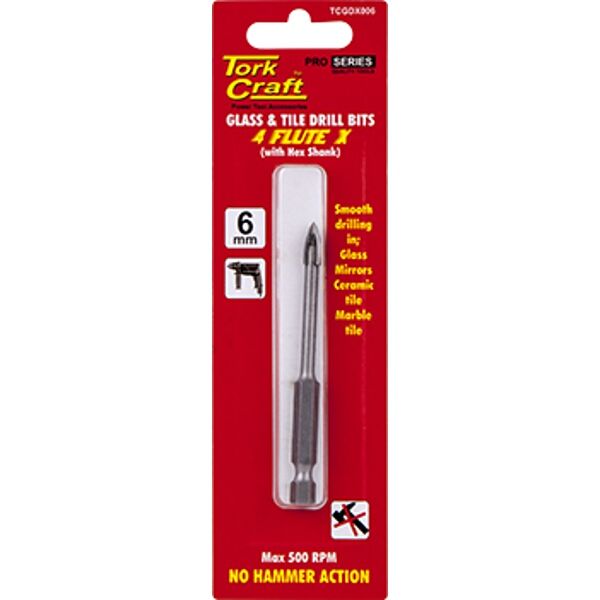 Glass & Tile Drill 6Mm 4 Flute With Hex Shank