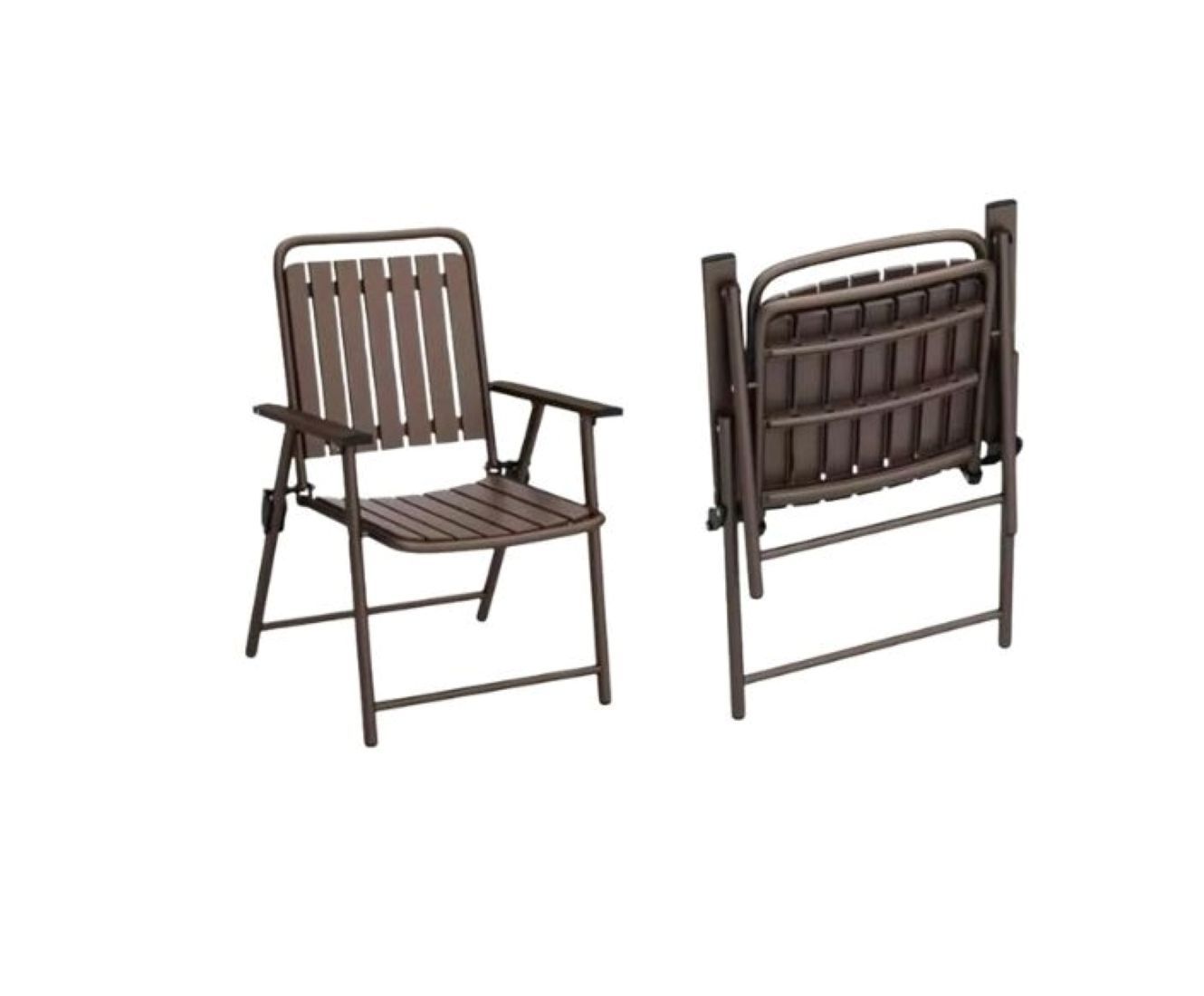 Outdoor Folding Patio Chair, Brown Metal Frame, Slatted Design