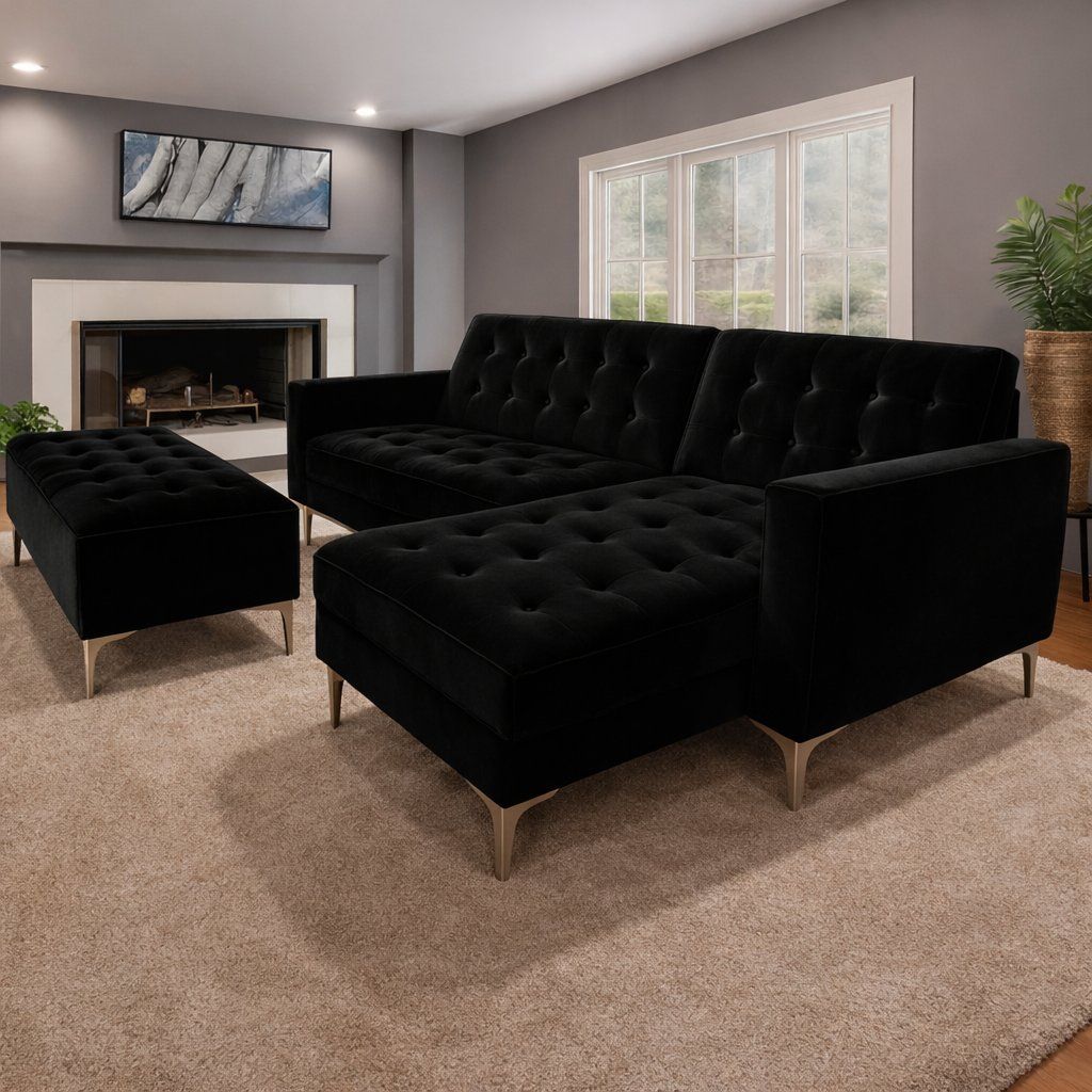 ASHER Black Velvet Corner Sleeper Couch