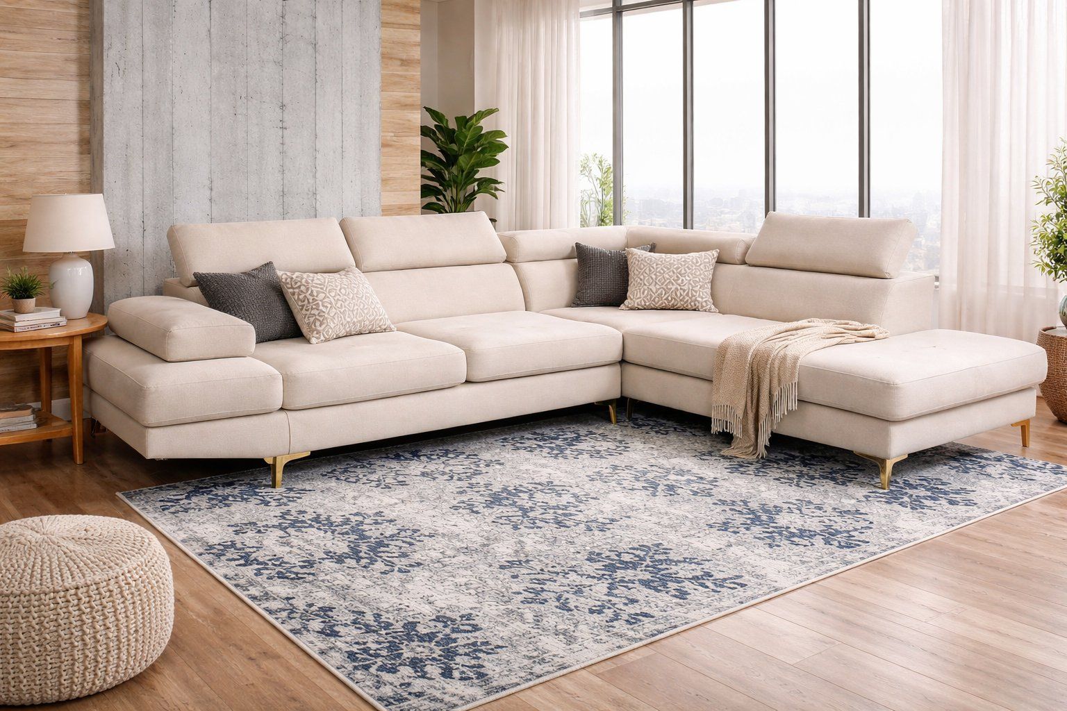 ASHER- Luxury L-Shaped Sectional Sofa – Cream PU Leather