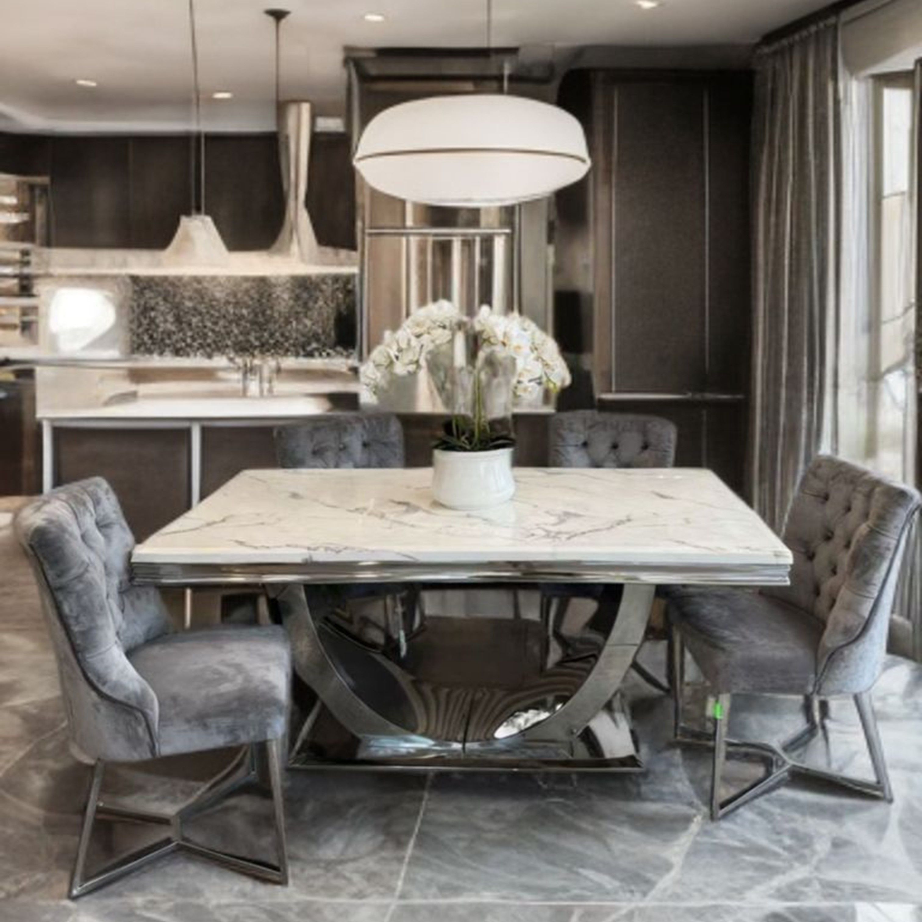 Madiega Furniture - Marble Top Grey Velvet Dining Set( 6-Seater)