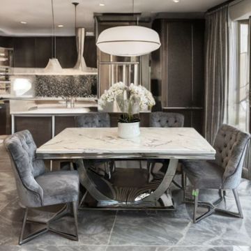 Madiega Furniture - Marble Top Grey Velvet Dining Set( 6-Seater)