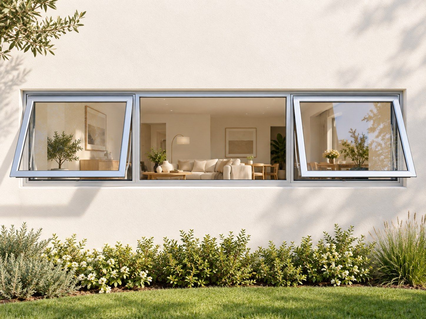 Kenzo Premium Top-Hung Aluminium Window - Silver, 2400 400 mm, Two Outer Openers with Fixed Centre, Clear Glass