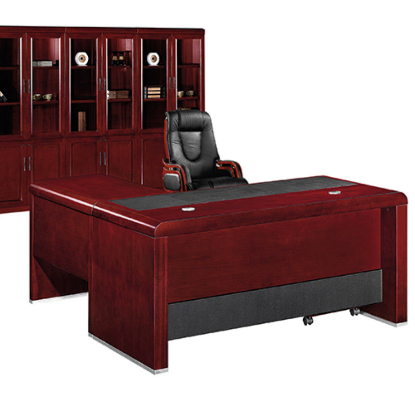 MaqelepoFurn - Executive's Mahogany Finish & Genuine Leather Detailed Office Desk
