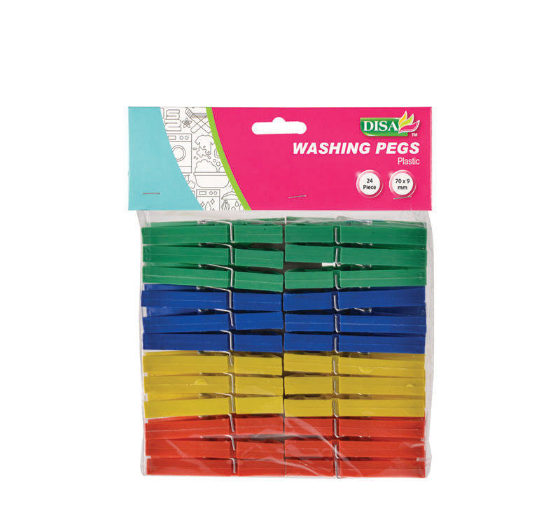 Washing Pegs - Assorted Colours - Plastic - 70mm - 24 Piece - 20 Pack