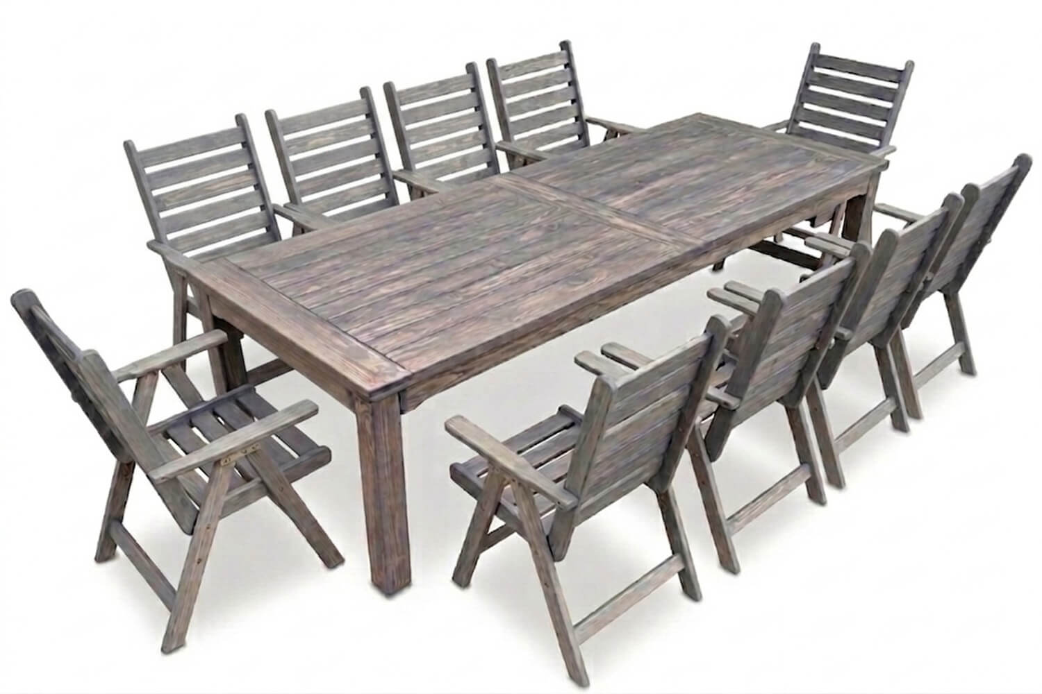 Aged Pine Patio Dining Set 10-Seater 3000mm x1 Table x10 Highback Chairs – no cushions included (Undercover Only)