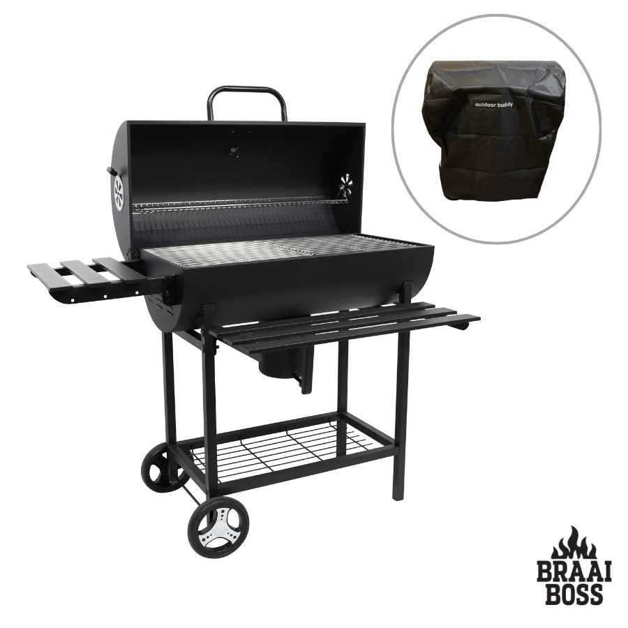 BraaiBoss 70cm Premium Charcoal Barrel Braai with Thermometer, Warming Rack, Ash Catcher, Storage Shelves & Protective Cover