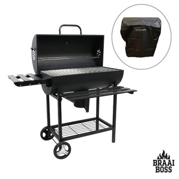 BraaiBoss 70cm Premium Charcoal Barrel Braai with Thermometer, Warming Rack, Ash Catcher, Storage Shelves & Protective Cover