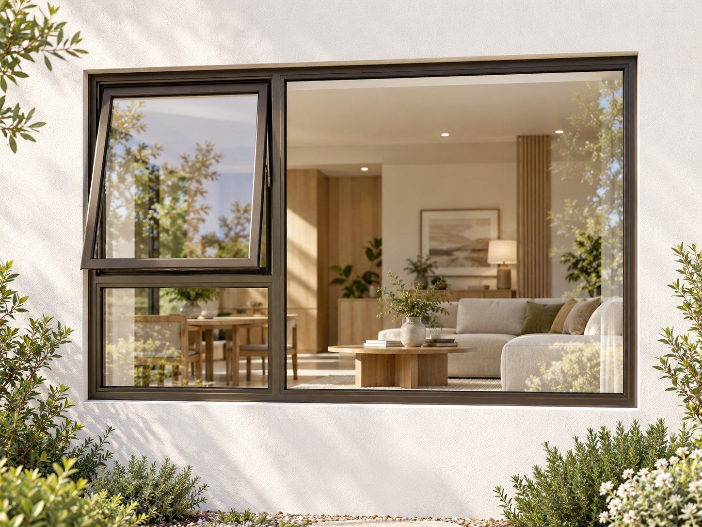 Kenzo Premium Top-Hung Aluminium Window - Bronze, 1500 900 mm, Left Upper Opener with Fixed Lower and Side Panes, Clear Glass