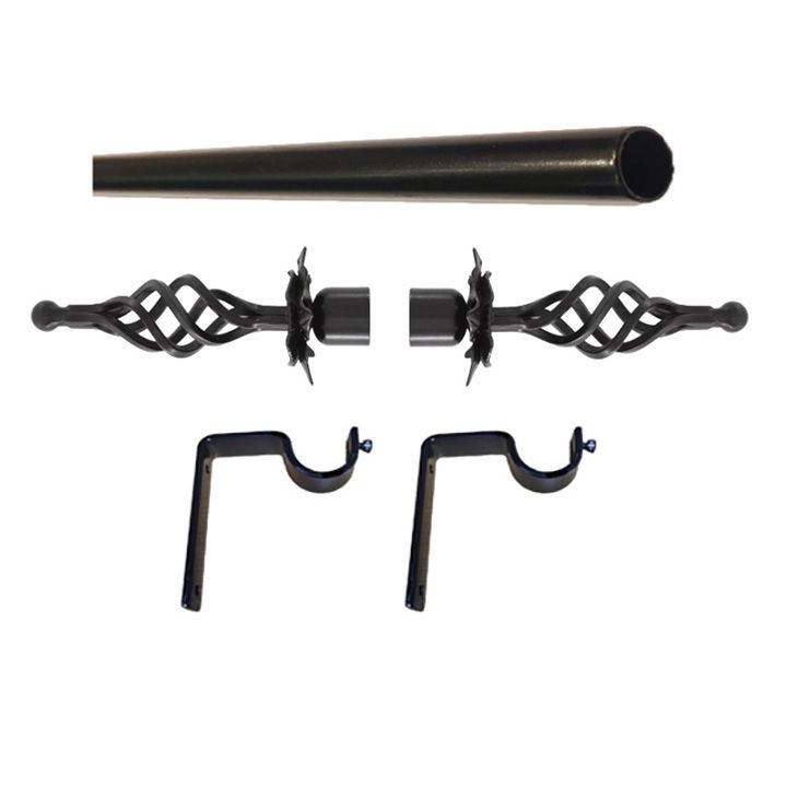 Matoc 32mm Curtain Single Metal Pole Set -Flower BigBasket Finials -Black -1.5m