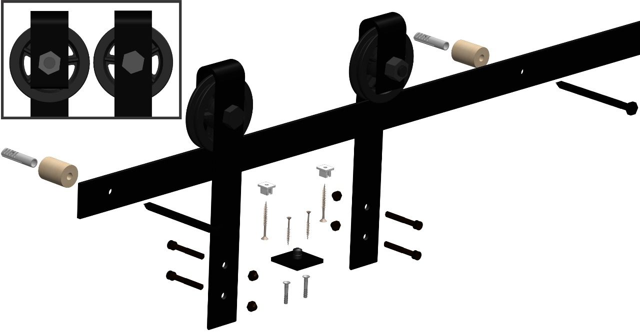 Rustic Barn Door Hardware Kit | 70mm Spoke Wheel with Roller Bearings | 2000mm Track