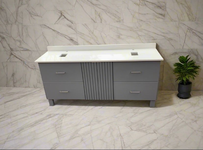 1.8m Grey Fluted Bathroom Vanity with Quartz Top