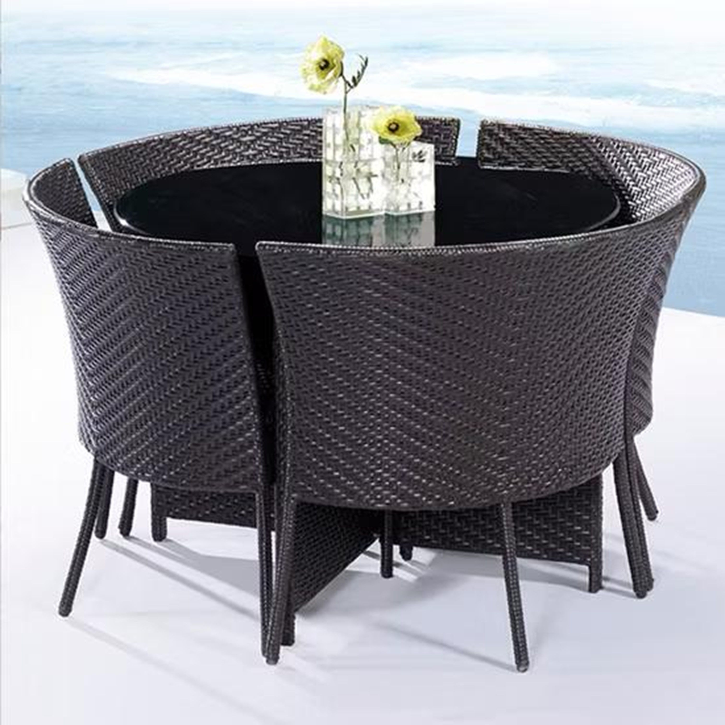 Round Black 4-Seater Wicker Dining Set