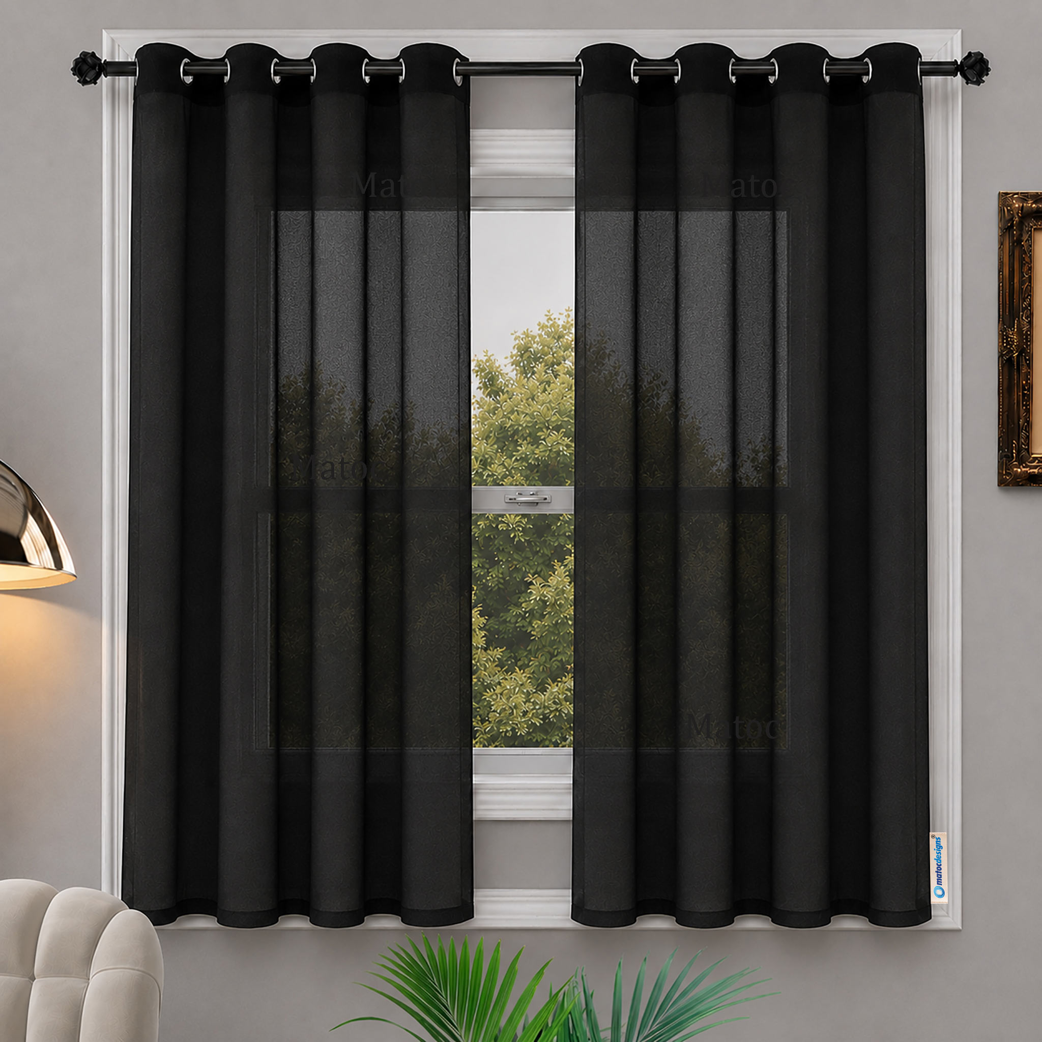 Matoc Designs Café Curtain - Mystic Voile - Black - Eyelet - 110cm W x 123cm H - 2 Pack