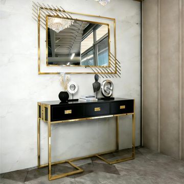 Madiega Furniture - Gold-Frame Black Glossy Console & Mirror Set