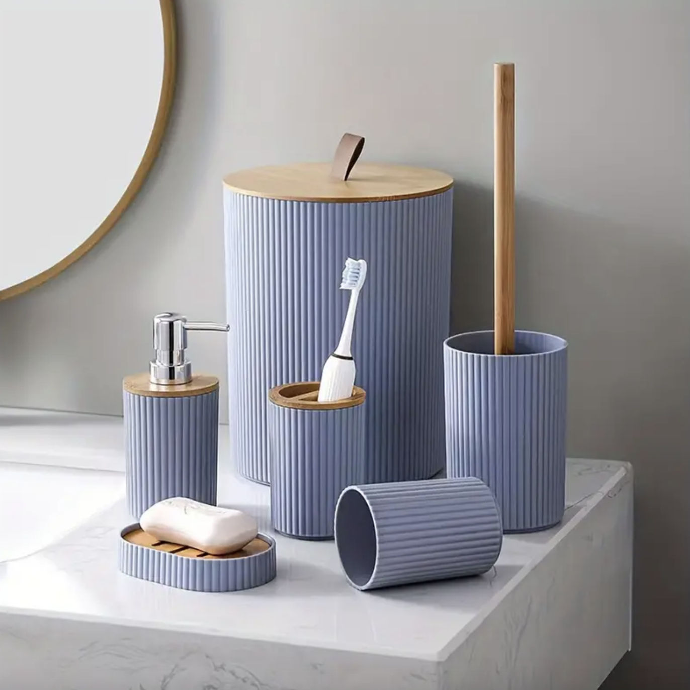 6Pc Bathroom Accessory Set With Wooden Lid - GRAY