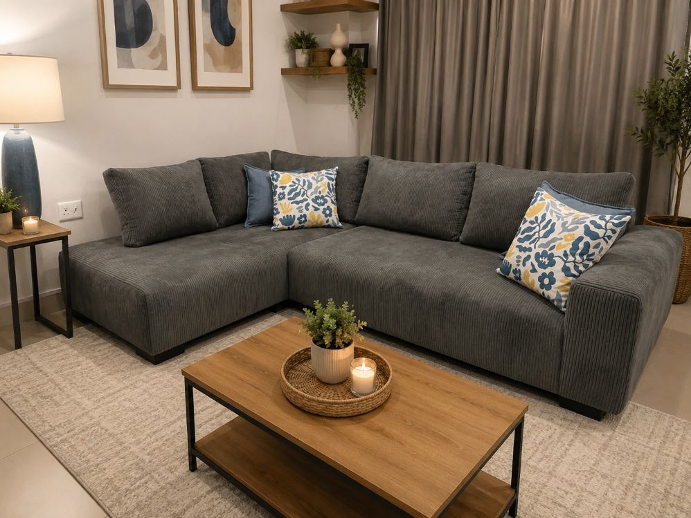 Tach Luxure Natalia L Shape Couch – Corduroy Grey Right Sided