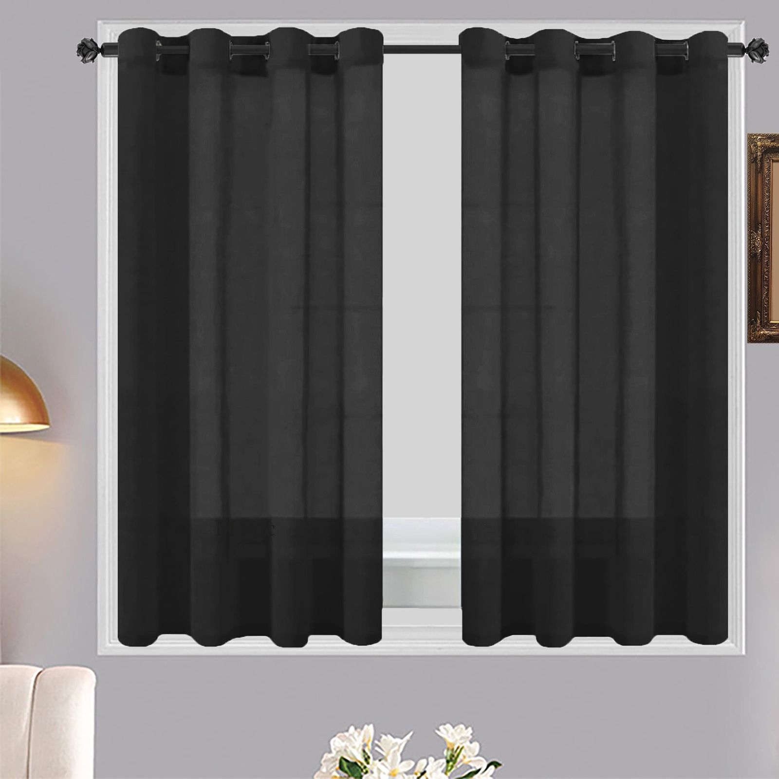Matoc Designs Café Curtain - Mystic Voile - Black - Eyelet - 110cm W x 123cm H -  2 Pack