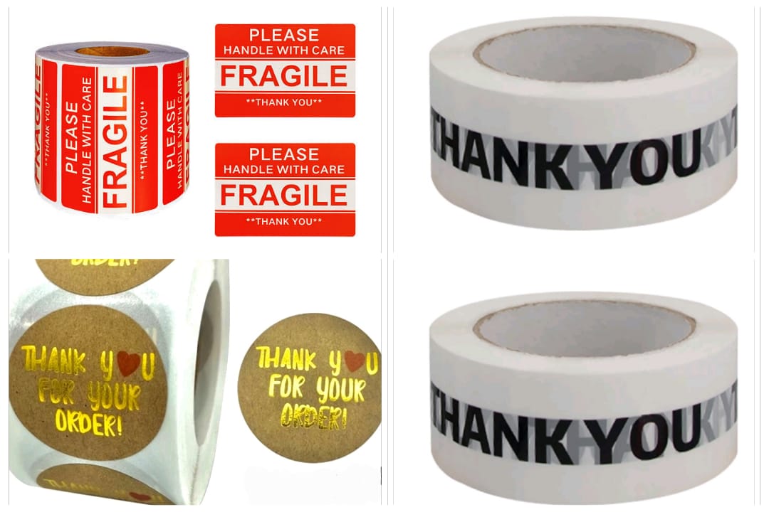 Combo White Bopp Tape with Fragile & thank you stickers gifts business