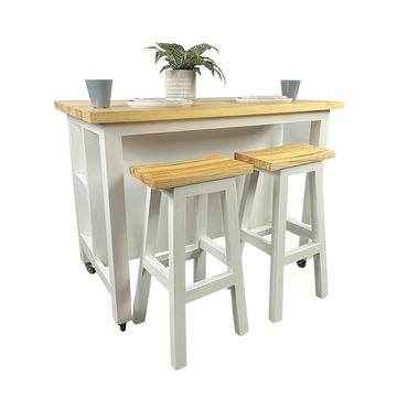 Struisbaai Solid Wood White Kitchen Island – with Lockable Wheels, Shelves and Bar Table / Wooden Kitchen Trolley