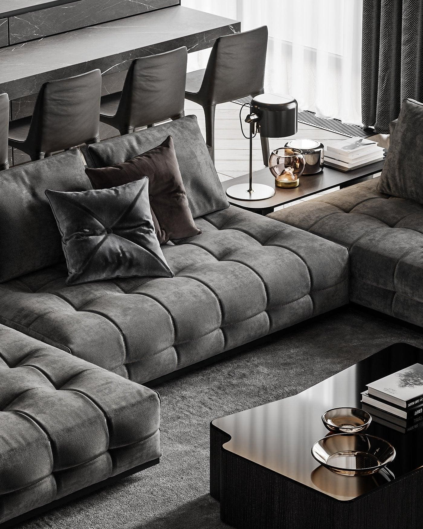 Modern Charcoal Grey Stitched L shape Sofa - Burgundy