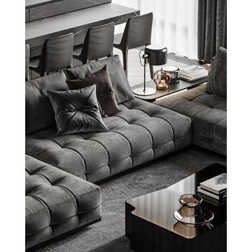 Modern Charcoal Grey Stitched L shape Sofa - Burgundy