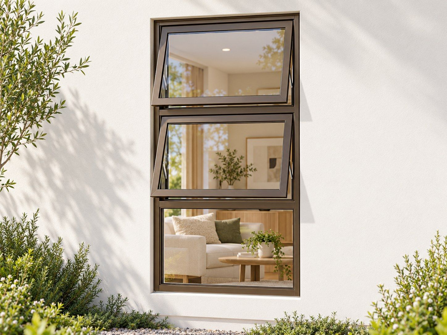Kenzo Premium Top-Hung Aluminium Window - Bronze, 900 1500 mm, Two Stacked Openers with Fixed Lower Pane, Clear Glass