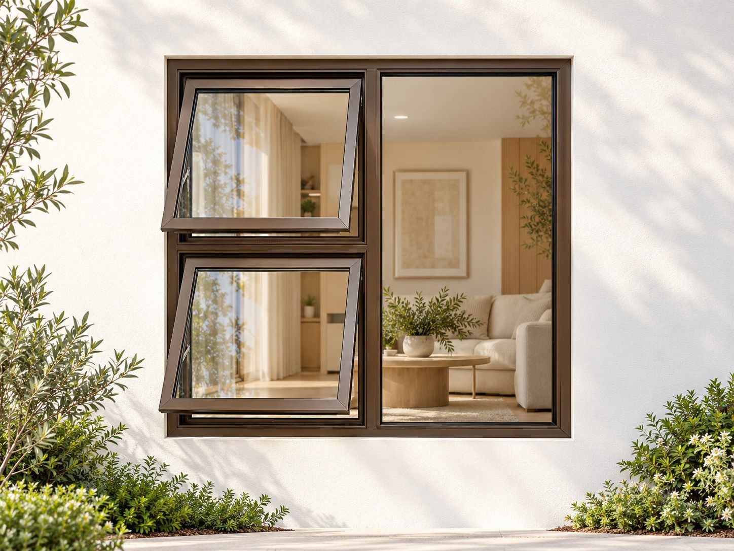 Kenzo Premium Top-Hung Aluminium Window - Bronze, 1200 1200 mm, Left Two Openers with Fixed Side Pane, Clear Glass
