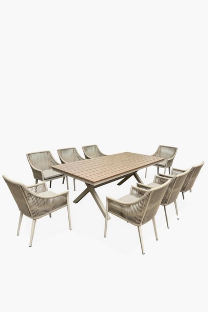 Orca 9 Piece Patio Dining Set Aluminium, PS Wood & Rope-Weave Outdoor Dining Set (Table 8 Chairs)