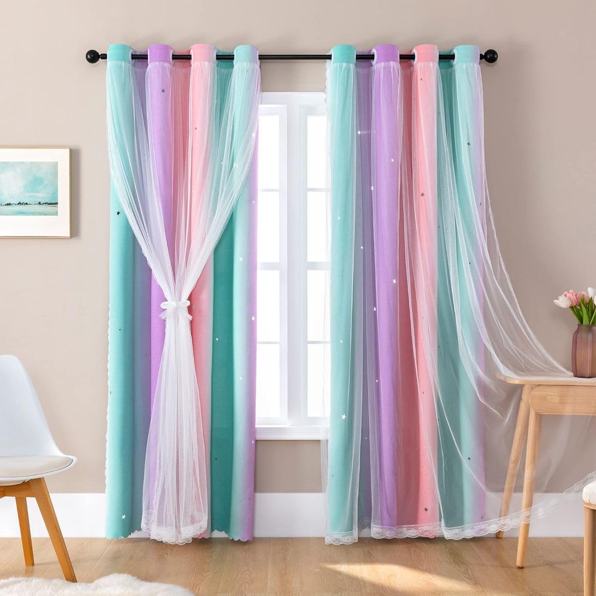 2 Panels Girls Bedroom Curtains Rainbow Blackout Curtains with Sheer