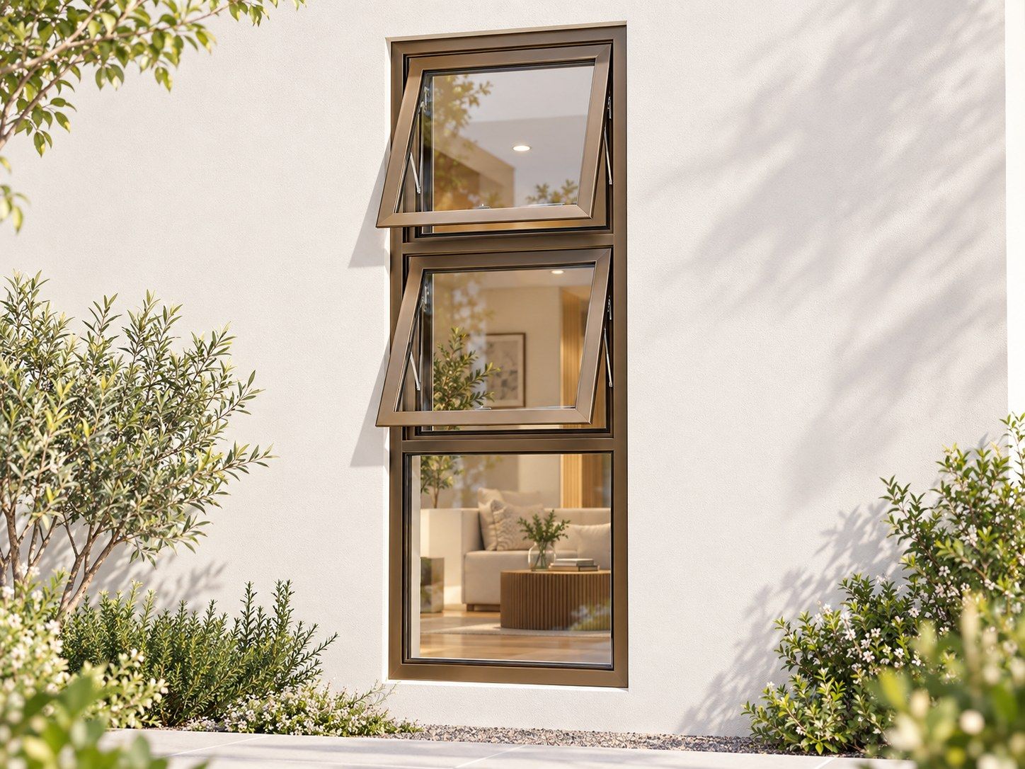 Kenzo Premium Top-Hung Aluminium Window - Bronze, 600 1800 mm, Two Stacked Openers with Fixed Lower Pane, Clear Glass