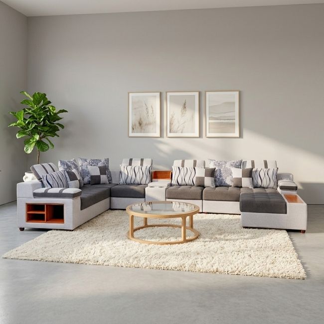 KC FURN-Luxury Fabric Modular Corner Couch with Cupholder Console & Bluetooth