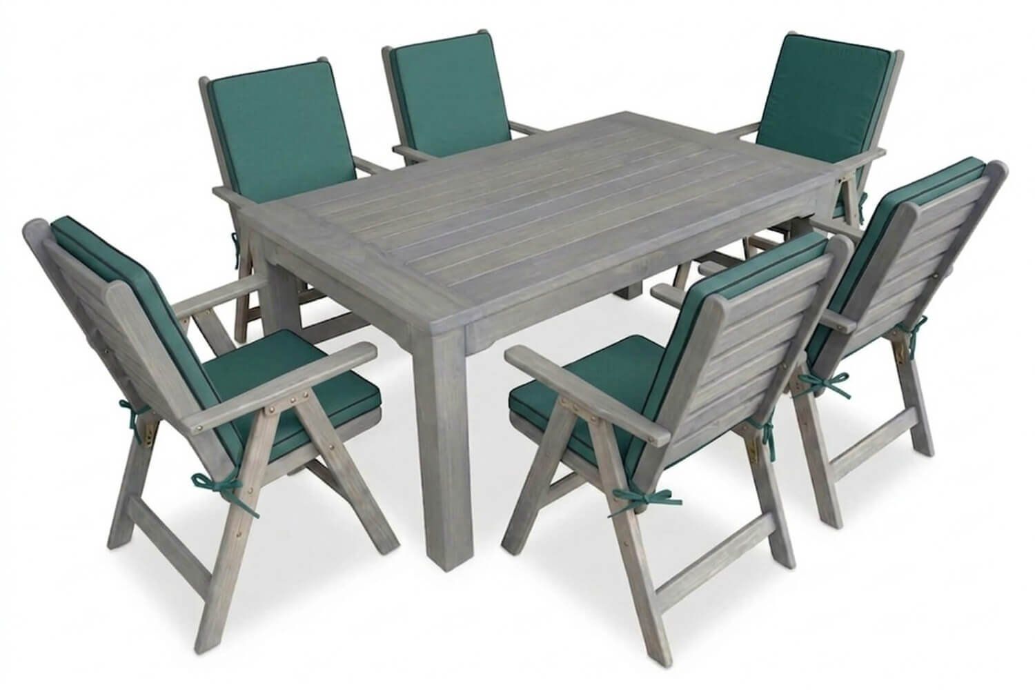 Aged Pine Patio Dining Set 6-Seater 1600mm x1 Table x6 Highback Chairs Green Seat & Back Cushions (Undercover only)