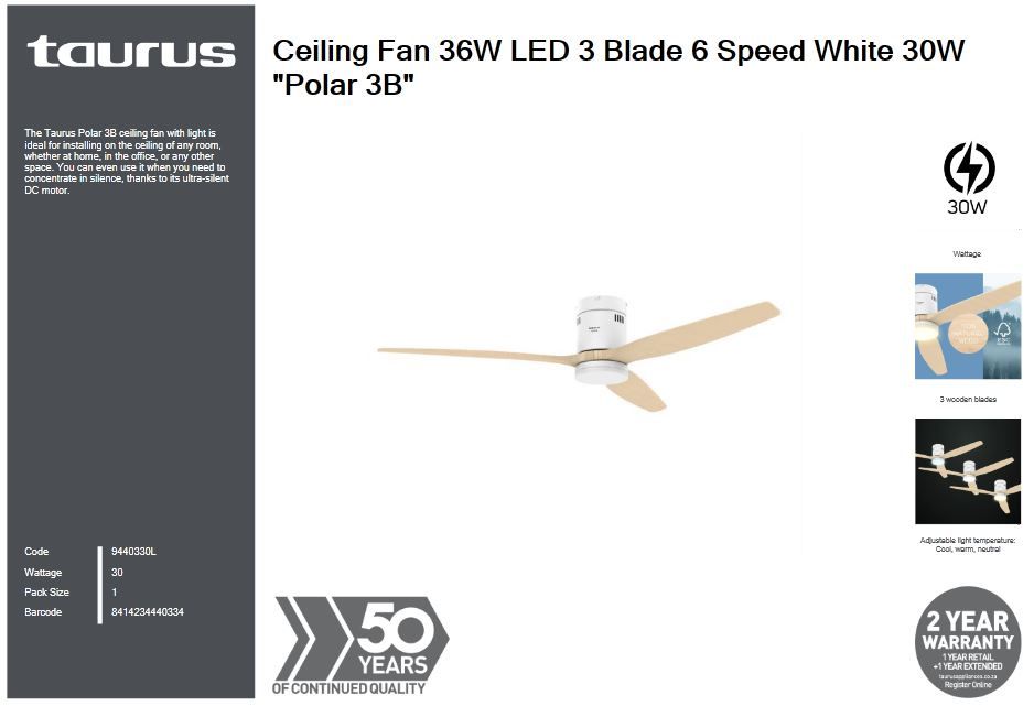 Taurus Ceiling Fan 36W LED 3 Blade 6 Speed White 30W  Polar 3B